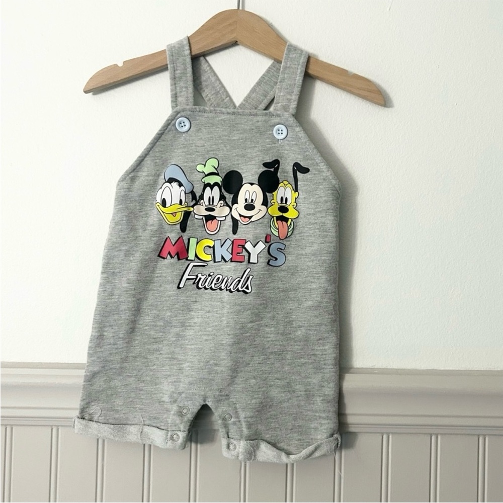 Disney Baby Mickey & Friends Gray Overalls 12M Donald Duck Goofy Pluto Romper